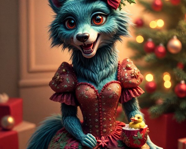 Whimsical Blue Fox with Duckling by Christmas Tree