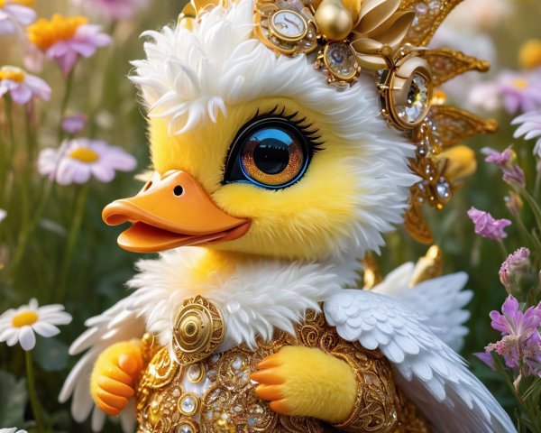 Regal Duckling in Ornate Crown Surrounded by Flowers
