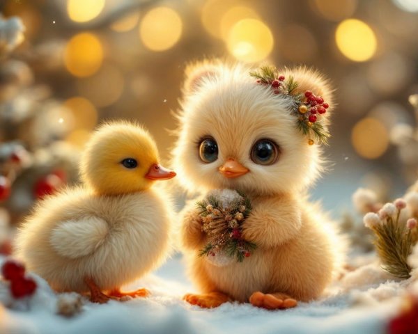 Fluffy Chick and Duckling in a Snowy Landscape