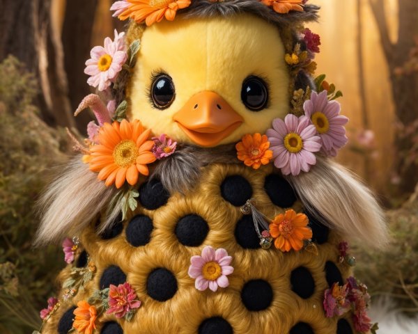Plush Duck Creature with Floral Crown in Forest Setting