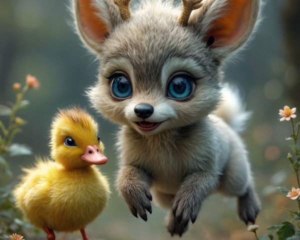 Whimsical Forest Scene with Fluffy Creature and Duckling