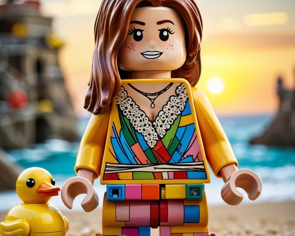 Colorful LEGO Figure on a Sandy Beach at Sunset