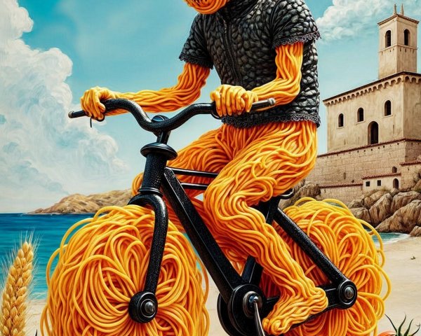 Whimsical Spaghetti Figure Cycling on a Beach Scene