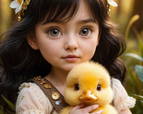 Young Girl with Chick in Enchanting Nature Setting
