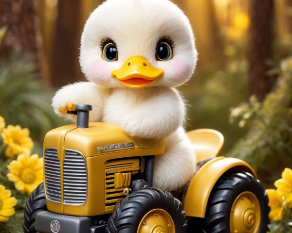 Fluffy Duckling on Yellow Toy Tractor in Greenery