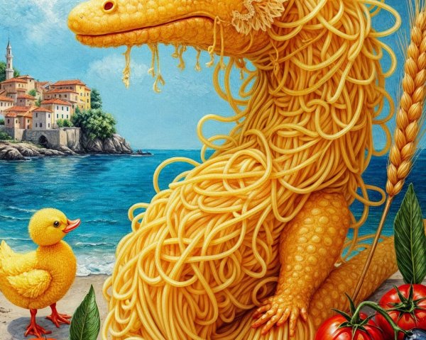 Whimsical Lizard-Like Creature with Spaghetti Elements