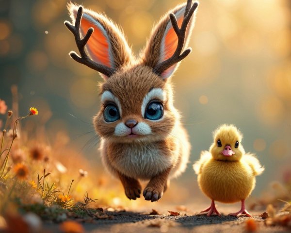 Whimsical Meadow Scene with Rabbit and Chick