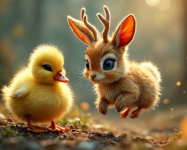 Whimsical Woodland Scene with Duckling and Rabbit