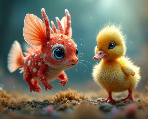 Whimsical underwater scene with colorful fish and duckling