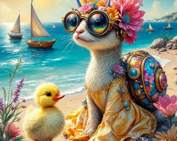 Cat in Flower Crown on Beach with Duckling and Flowers