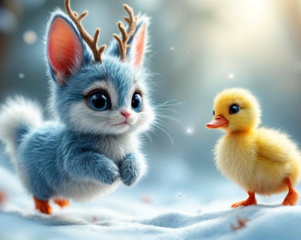 Whimsical Winter Scene with Bunny and Duckling