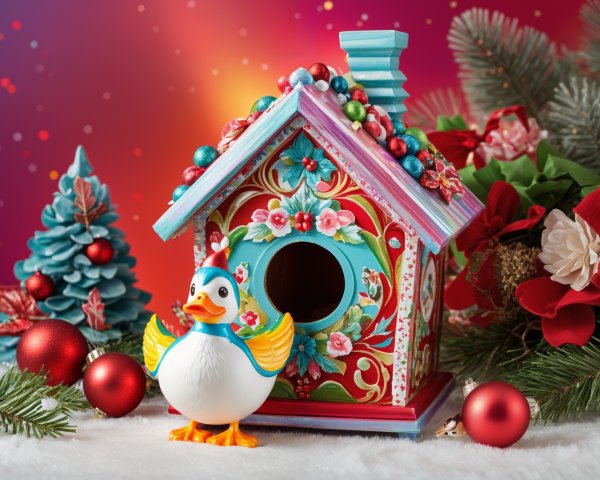 Vibrant Birdhouse and Rubber Duck in Holiday Setting