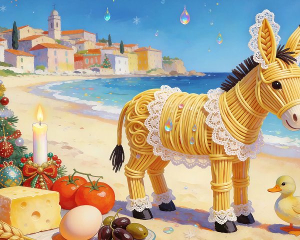 Vibrant Beach Scene with Christmas Tree and Festive Food