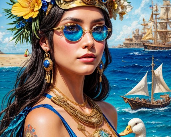 Portrait of a woman with floral crown by the sea