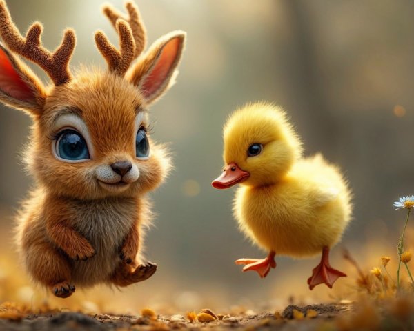 Cartoon Fawn and Duckling in Sunlit Meadow Scene