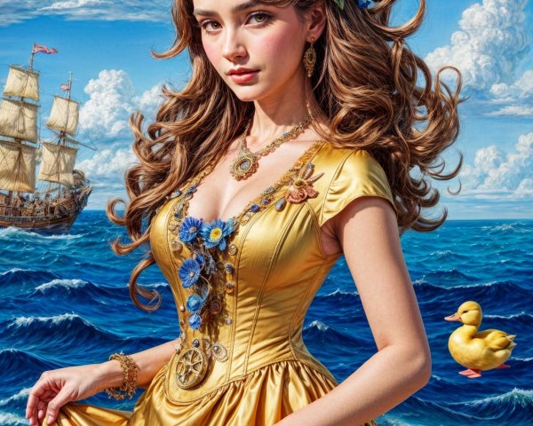 Young woman in golden gown by the ocean with flowers