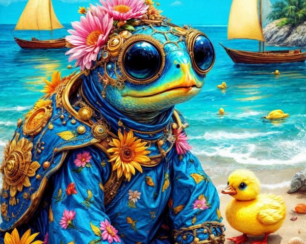 Whimsical Beach Scene with Frog and Duckling