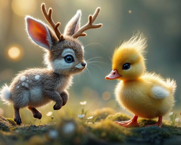 Adorable fawn and duckling in a serene forest scene