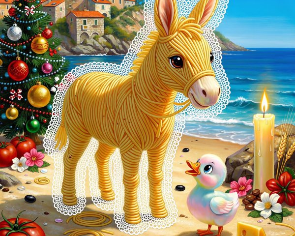 Whimsical Donkey Made of Spaghetti on Beach Scene