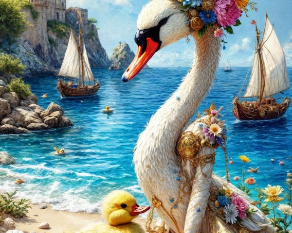 Whimsical Beach Scene with Swan and Duckling