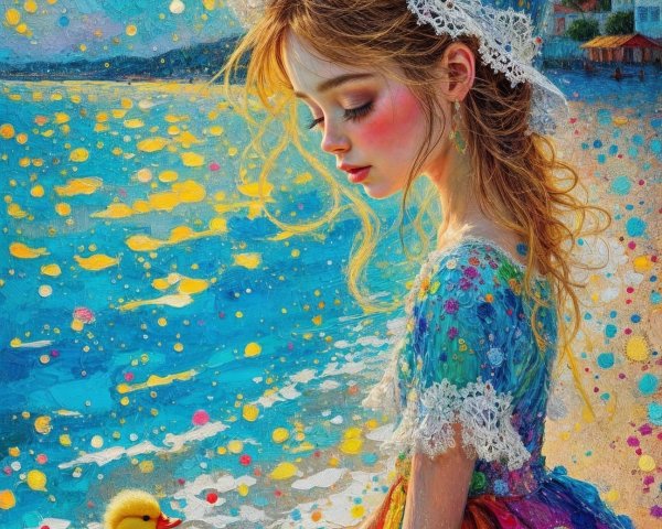 Young girl in colorful dress by the shore with duckling