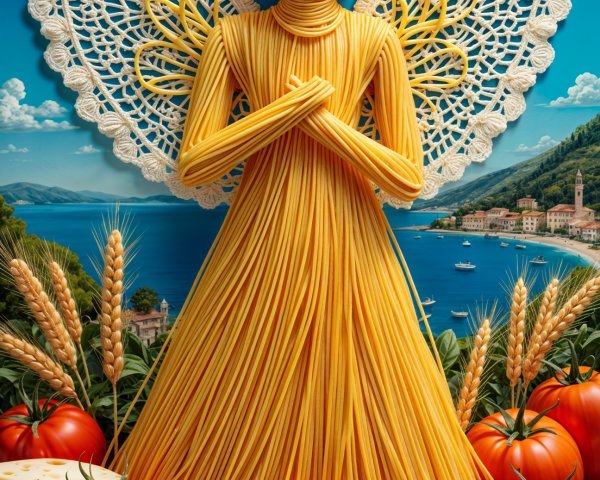 Whimsical Pasta Figure Surrounded by Colorful Foods