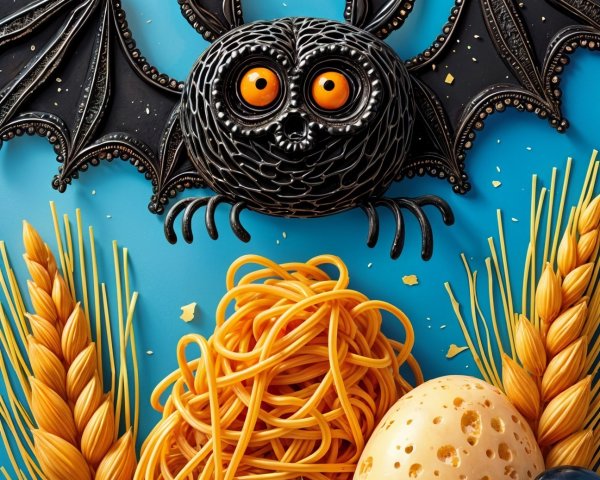 Halloween-Themed Spaghetti Arrangement with Bat and Duck