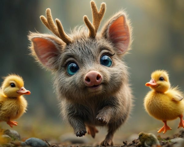 Whimsical Forest Scene with Furry Creature and Ducklings