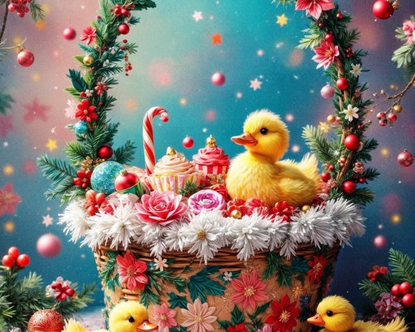 Vibrant Easter Basket with Ducklings and Decorations