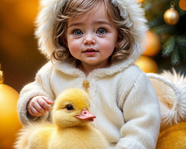 Toddler in Cozy Outfit with Duckling Amidst Decorations
