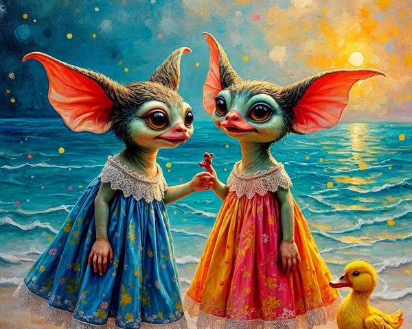 Whimsical Creatures on Beach at Sunset with Duckling