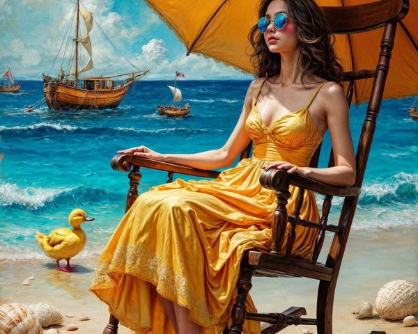Serene beach scene with woman in yellow dress and duck