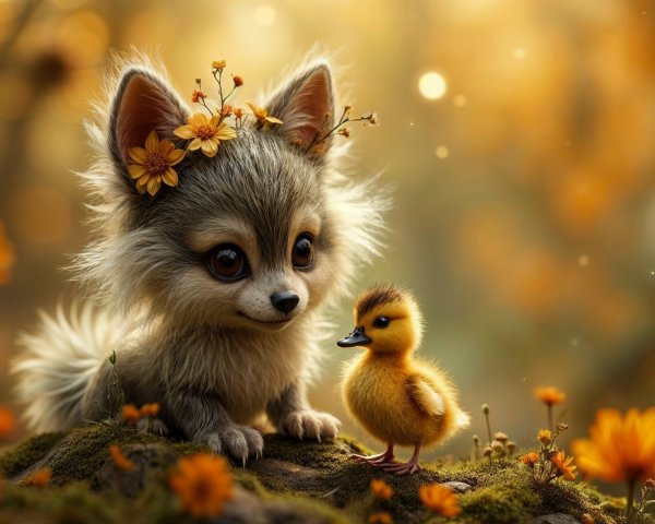 Whimsical Forest Scene with Fluffy Creature and Duckling