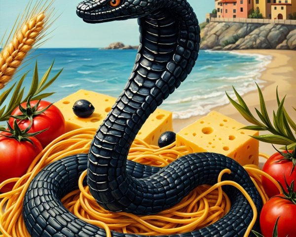 Surreal Scene of Snake and Spaghetti with Coastal Village