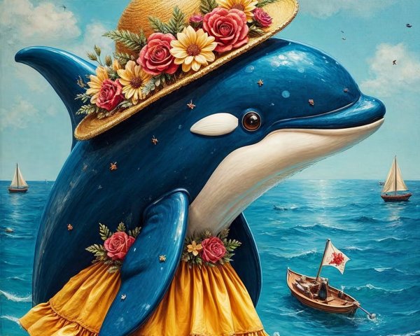 Cartoon Dolphin in Floral Hat at Beach Scene
