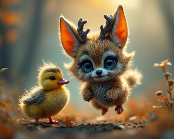 Tranquil forest scene with fluffy creature and duckling