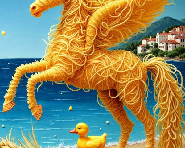 Golden Spaghetti Horse in Whimsical Coastal Scene