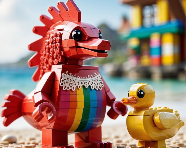 Vibrant LEGO Beach Scene with Dinosaur and Duckling