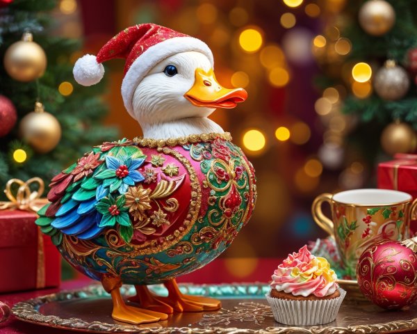 Whimsical Duck Figurine in Santa Hat with Holiday Decor