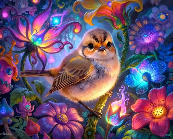 Fluffy Sparrow in a Vibrant, Glowing Garden Setting