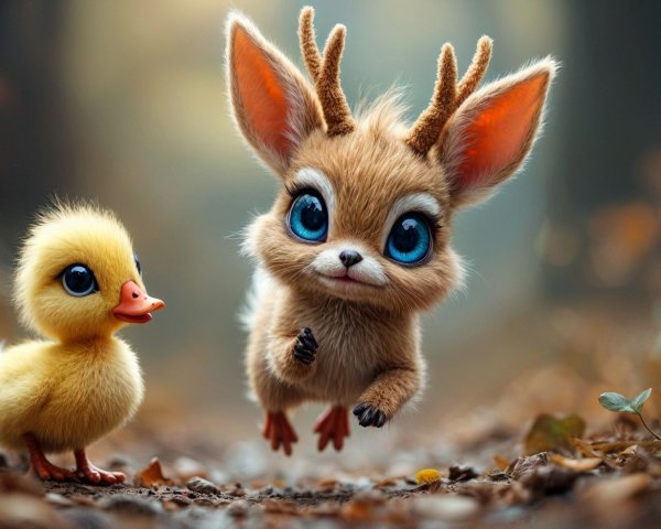 Whimsical Forest Scene with Fluffy Creature and Duckling