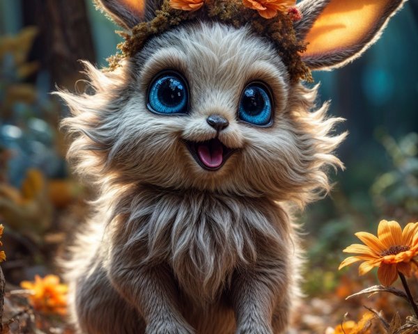 Whimsical Creature in a Vibrant Autumn Forest Scene