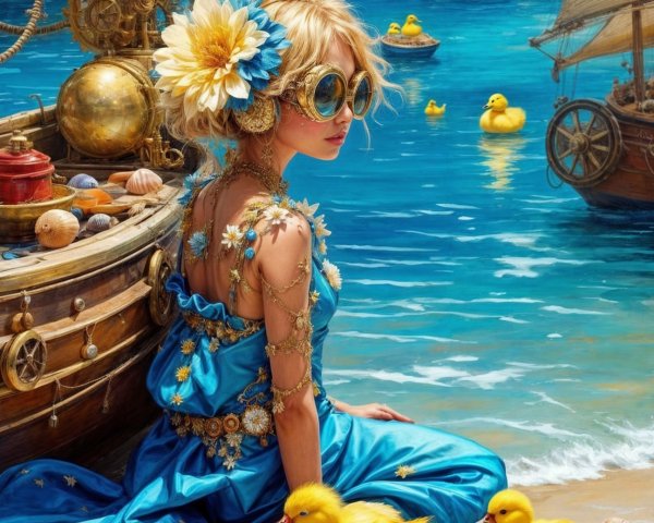 Whimsical Beach Scene with Young Woman and Ducklings