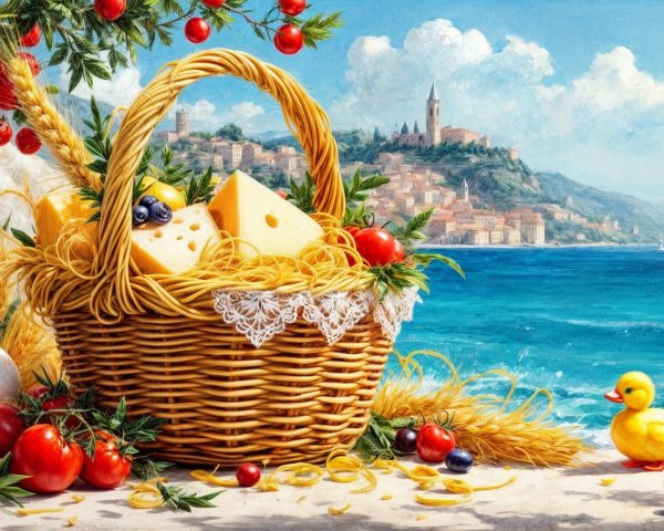 Wicker Basket with Cheese and Vibrant Produce Scene