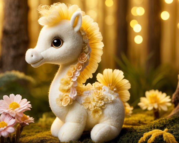 Plush Pony in Whimsical Forest with Flowers