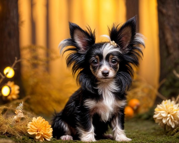 Charming Small Dog in Autumn Background with Foliage