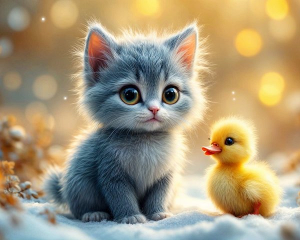 Gray Kitten and Yellow Duckling in Snowy Scene