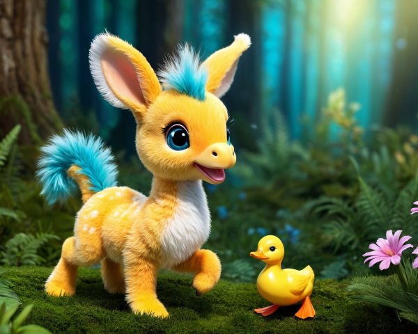 Vibrant Forest Scene with Plush Fawn and Duckling