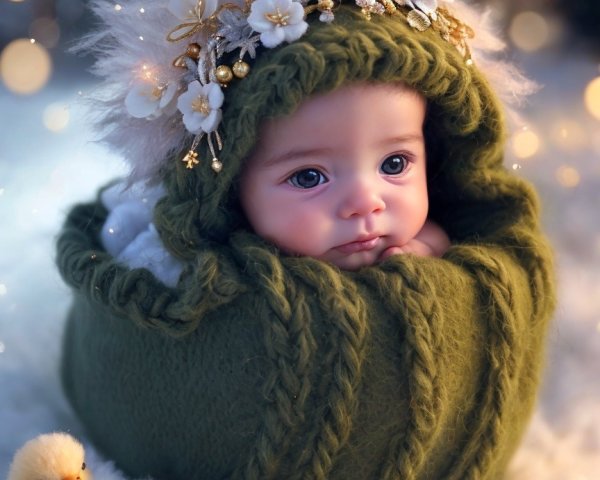 Cherubic Baby in Knitted Cocoon with Duckling
