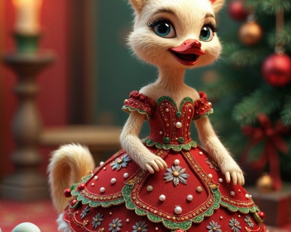 Anthropomorphic character in festive red gown with duck figurine